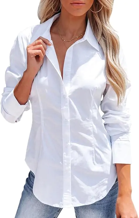 Women's Button Down Shirts Long Sleeve Dress Shirts Wrinkle Free Collared Work Office Solid Blouses Corset Tops