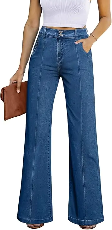 Womens Wide Leg Jeans Casual Baggy High Waisted Stretch Denim Pants
