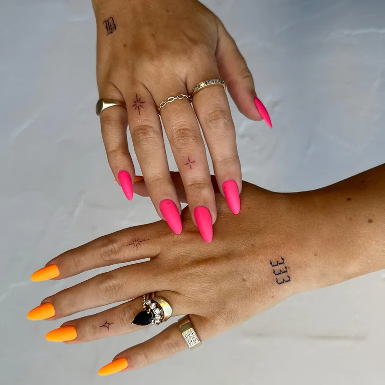 I’m obsessed with neon matte nails," says Boyce. Mixing vivid tones of pink and orange is one of her go-to neon color combos, and "switching up the colors on each hand keeps it fresh without overthinking it." Gerstein adds that matte yellow nails are on the rise, but she doesn't expect the trend to become a classic, so get in on the fleeting moment ASAP