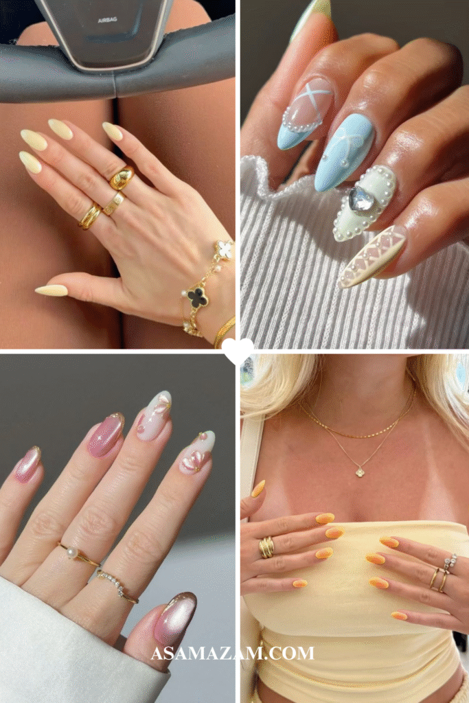 Glossy white and nude ombré almond-shaped summer nails with a minimalist, clean girl aesthetic – perfect for 2025 nail trends.