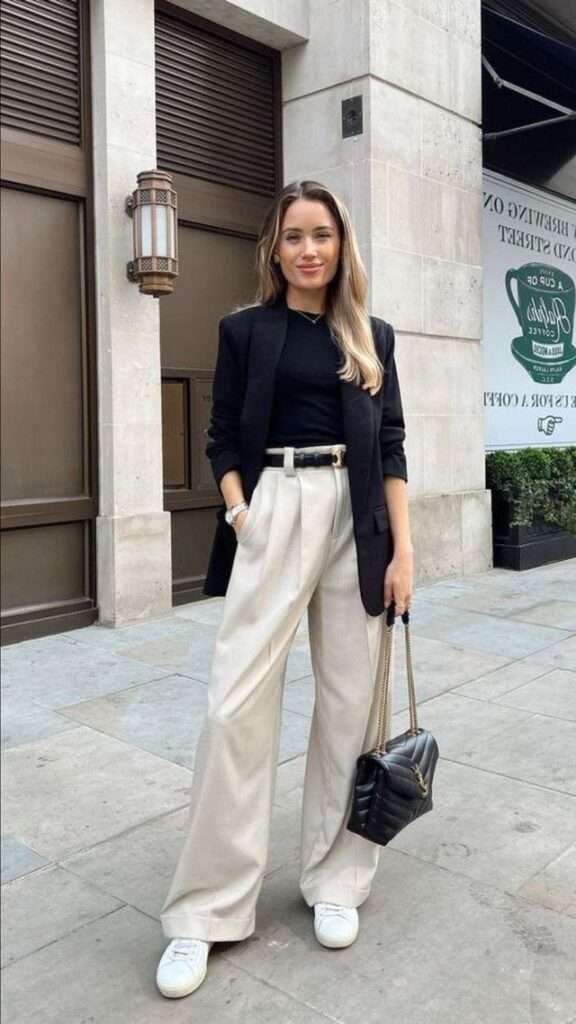 Professional meets trendy with this look. Perfect for class presentations or internships. Keep accessories minimal for a sleek finish.