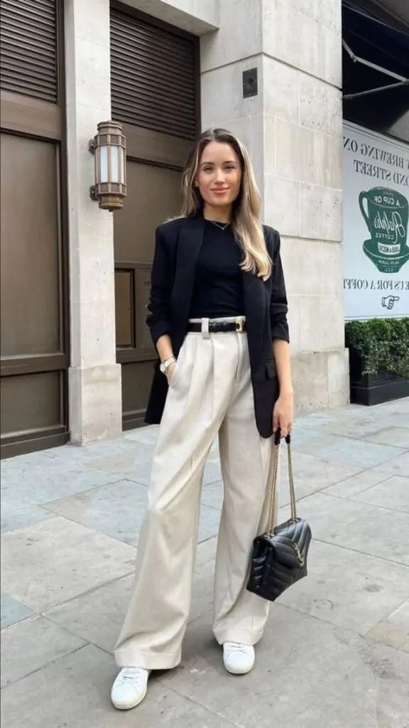Professional meets trendy with this look. Perfect for class presentations or internships. Keep accessories minimal for a sleek finish.