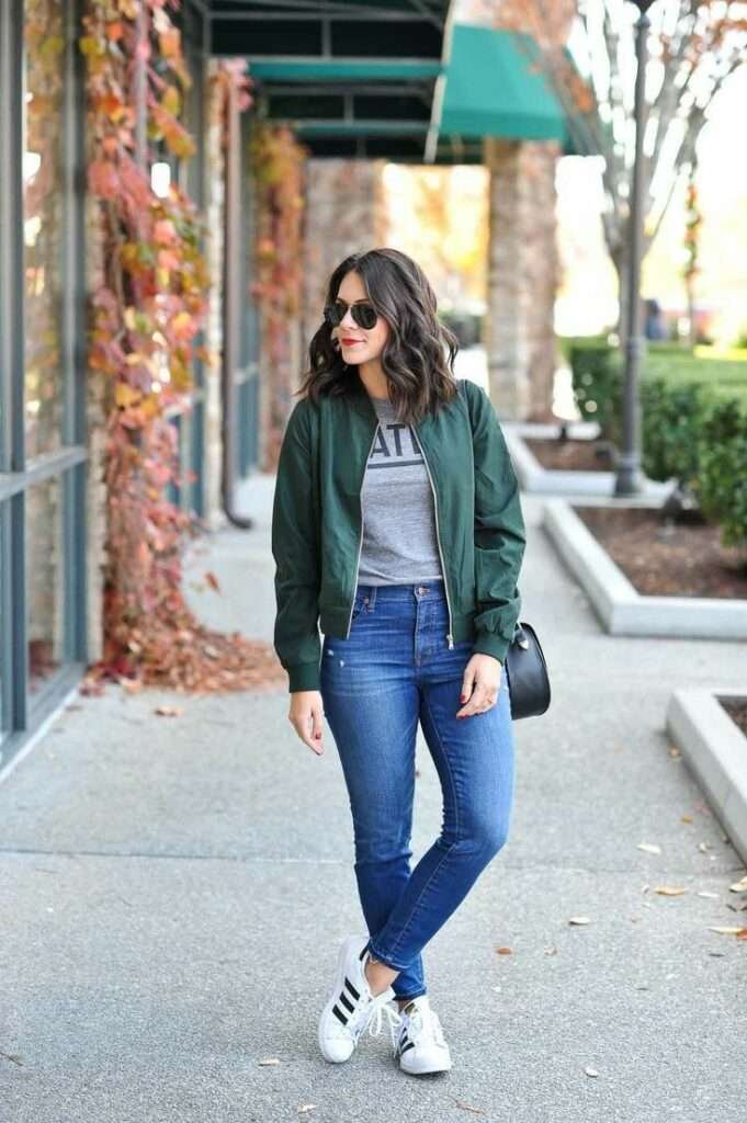 A campus classic that never goes out of style. The bomber jacket adds structure and edge. Sunglasses and sneakers seal the effortlessly cool look.