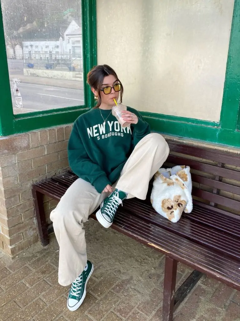 Ideal for those chill mornings when comfort is key. The oversized fit keeps things relaxed, while wide-leg pants add balance. Finish with chunky sneakers for a casual-cool finish.