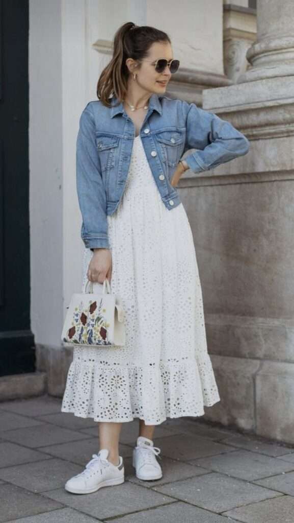 Layering at its finest — perfect for transitional weather. The denim jacket brings casual charm, while the dress keeps it feminine. Complete with ankle boots for a stylish finish.