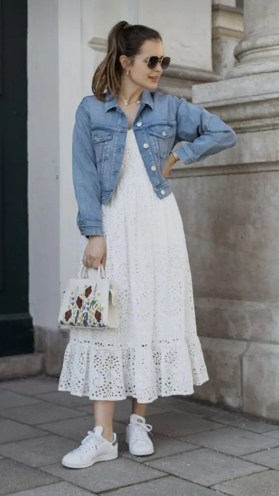 Layering at its finest — perfect for transitional weather. The denim jacket brings casual charm, while the dress keeps it feminine. Complete with ankle boots for a stylish finish.