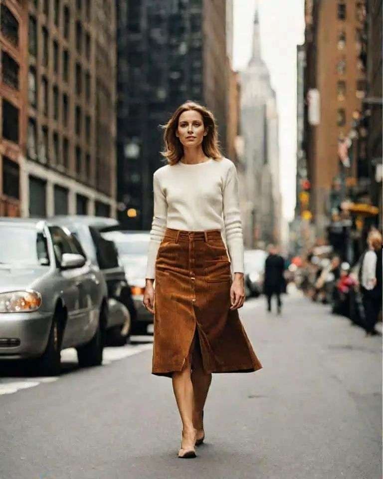 A warm, textured look perfect for fall semester. The corduroy adds retro charm, while the sweater keeps things cozy. Style with ankle boots to tie the outfit together.