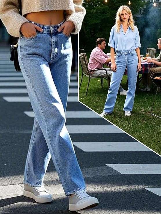 Women's Straight Leg Jeans Tummy Control Trendy High Waisted Stretchy Casual Denim Pants Baggy Trousers
