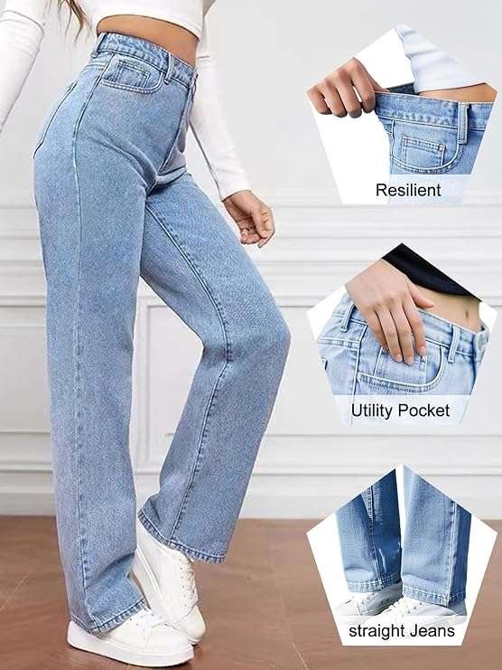 Women's Straight Leg Jeans Tummy Control Trendy High Waisted Stretchy Casual Denim Pants Baggy Trousers