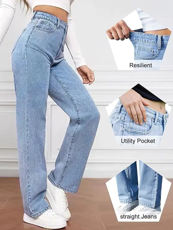 Women's Straight Leg Jeans Tummy Control Trendy High Waisted Stretchy Casual Denim Pants Baggy Trousers