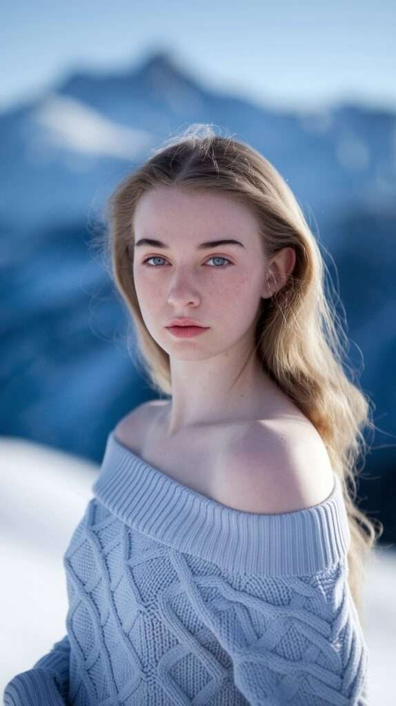 In a landscape of breathtaking blues, she wears an off-the-shoulder periwinkle sweater that echoes the snow-capped mountains behind her. The chunky knit texture combines with the soft color to create a look that is both cozy and captivating.