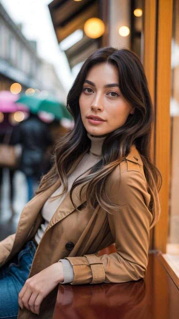 A beige trench coat layered over a soft turtleneck and denim makes casual elegance effortless. The natural waves and minimal makeup add a fresh, modern city vibe.