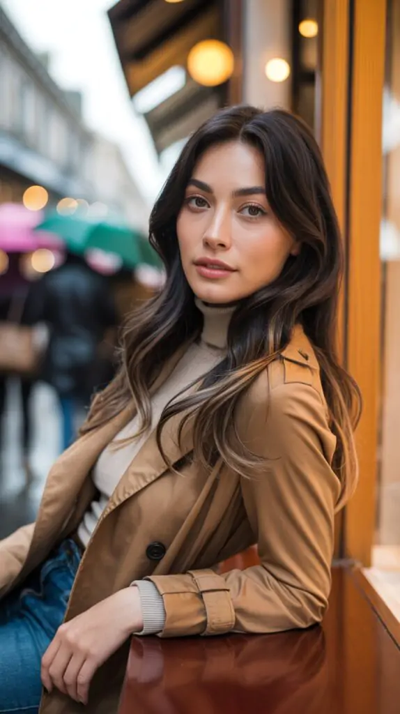 A beige trench coat layered over a soft turtleneck and denim makes casual elegance effortless. The natural waves and minimal makeup add a fresh, modern city vibe.