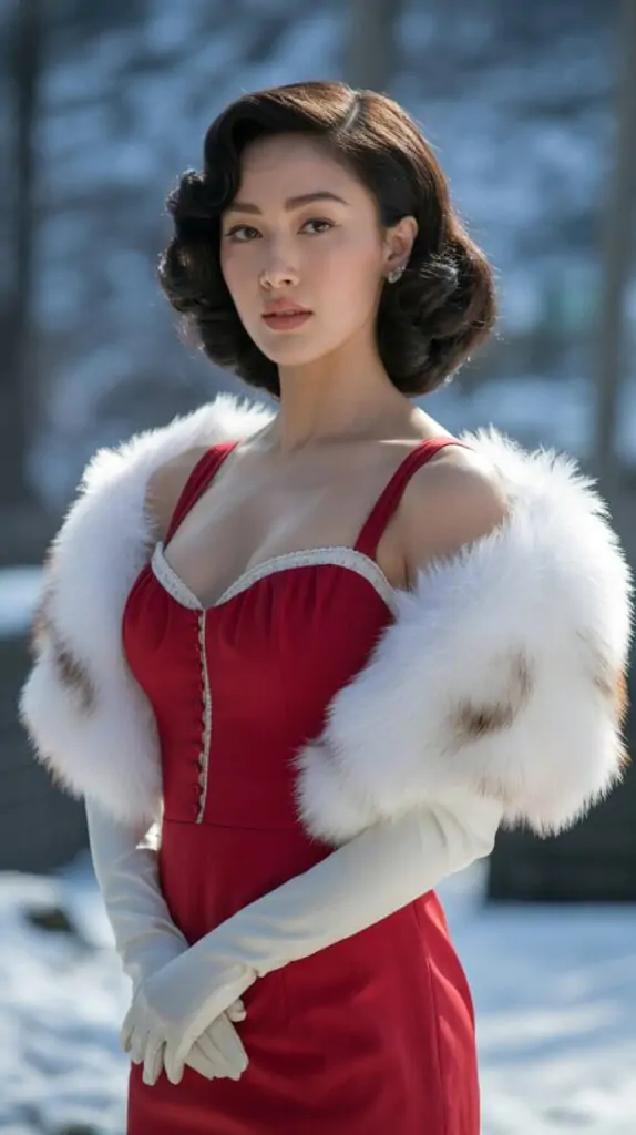 An elegant red satin dress paired with a luxe fur stole and long ivory gloves creates timeless sophistication. Perfectly styled retro curls complete the cinematic old-Hollywood charm.