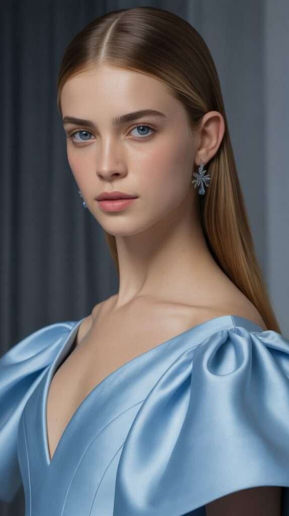 This beautiful powder blue gown, with its soft satin and cloud-like puffed sleeves, feels like something straight out of a fairytale.