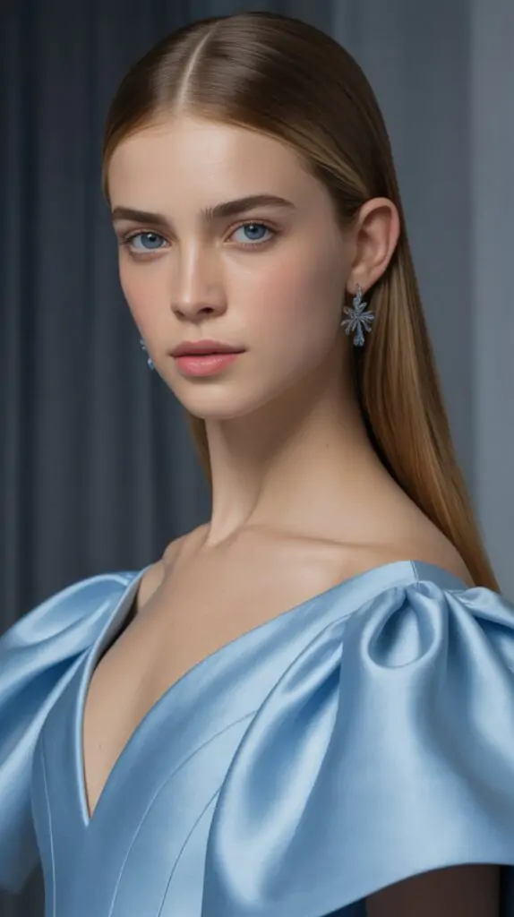 This beautiful powder blue gown, with its soft satin and cloud-like puffed sleeves, feels like something straight out of a fairytale.