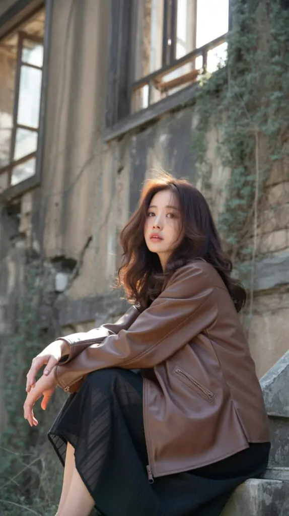 wearing a chic, layered outfit that blends modern style with a relaxed, natural feel. She is wearing a dark, possibly black, pleated midi skirt that falls below the knees, creating a soft, flowing silhouette. Paired with this is a brown faux leather jacket that has a sleek, slightly oversized fit and zippered details on the front.