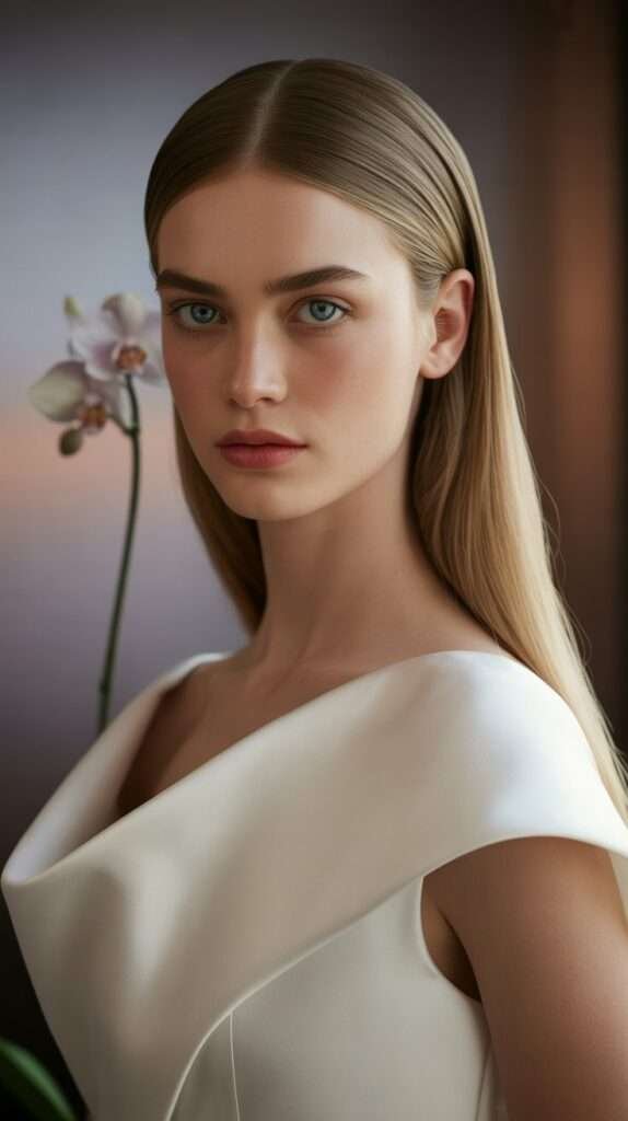 Grace meets serenity in this ethereal off-the-shoulder ensemble, where soft blonde waves and a delicate orchid bloom evoke timeless elegance. A sunset-kissed glow completes the vision—romantic, refined, and effortlessly captivating.