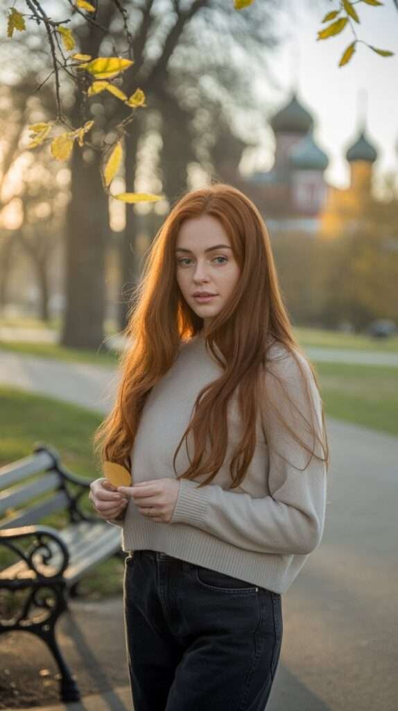 With a gaze as warm as the setting sun, she embraces the season in a cozy oatmeal sweater and dark denim jeans. The simple, classic pieces create a comfortable yet captivating look that perfectly complements the golden fall light.