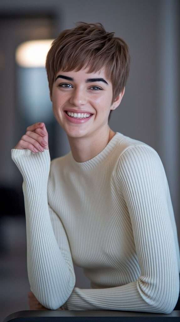 Her smile radiates warmth, perfectly matched by the soft texture of her cream-colored ribbed sweater. This look combines effortless style and a relaxed vibe, proving that true beauty is in the details.