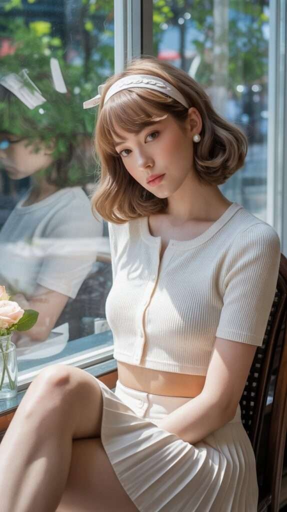 A cropped ribbed cardigan and pleated skirt in creamy white tones radiate sweetness and charm. The pearl headband and soft waves complete the dreamy café-ready vibe.