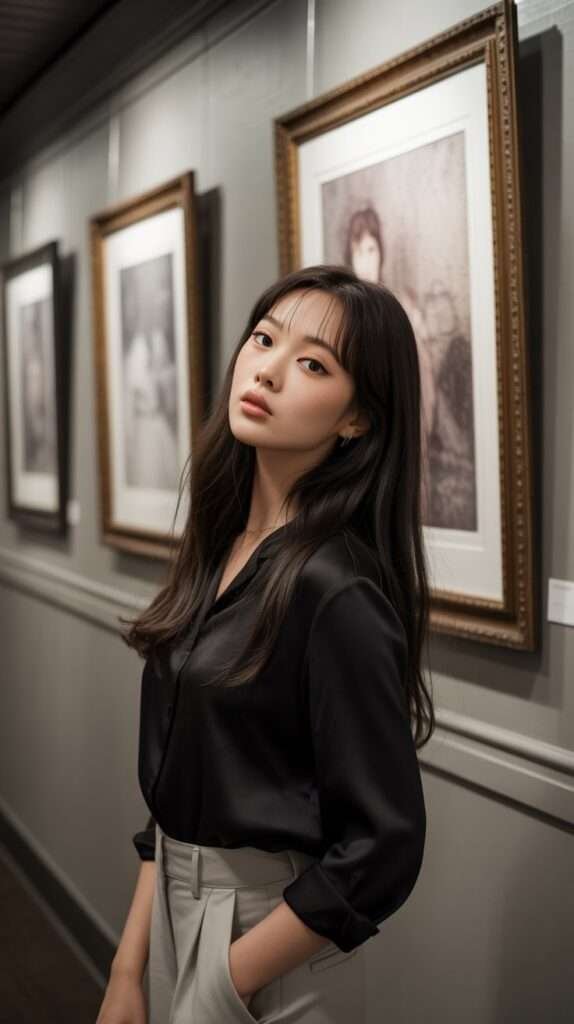 This effortlessly elegant outfit, pairing a lustrous black silk blouse with tailored light-colored trousers, just feels like quiet confidence and timeless style.