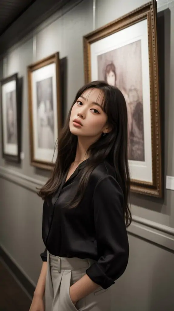This effortlessly elegant outfit, pairing a lustrous black silk blouse with tailored light-colored trousers, just feels like quiet confidence and timeless style.