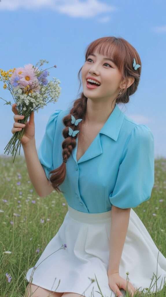A chic pastel blouse paired with a crisp white skirt, creating a fresh and graceful summer look.