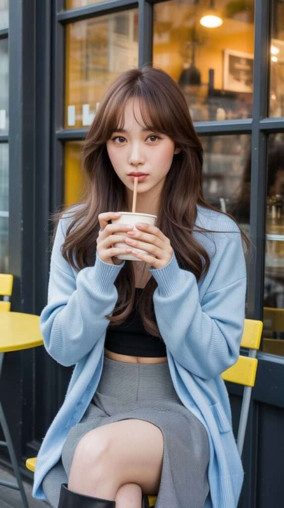 Cool tones meet cafe-side comfort in this effortless look. She pairs a cozy baby blue cardigan with a sleek black crop top and a stylish grey houndstooth skirt, proving that casual can be flawlessly chic.