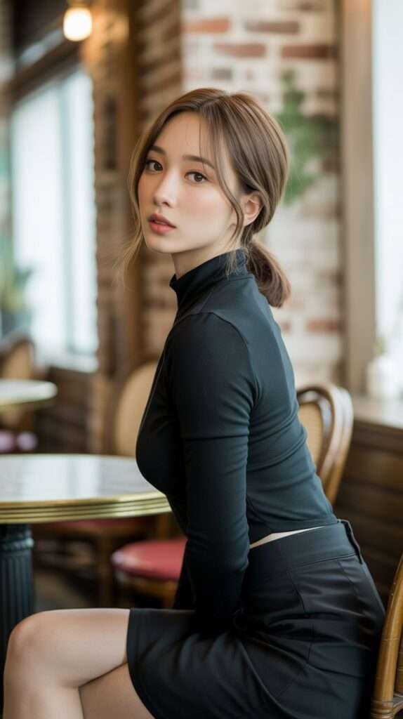 Effortlessly elegant, she wears a classic black look that speaks volumes without saying a word. The sleek silhouette of her turtleneck sweater and mini skirt creates a sophisticated style that’s both chic and confident.