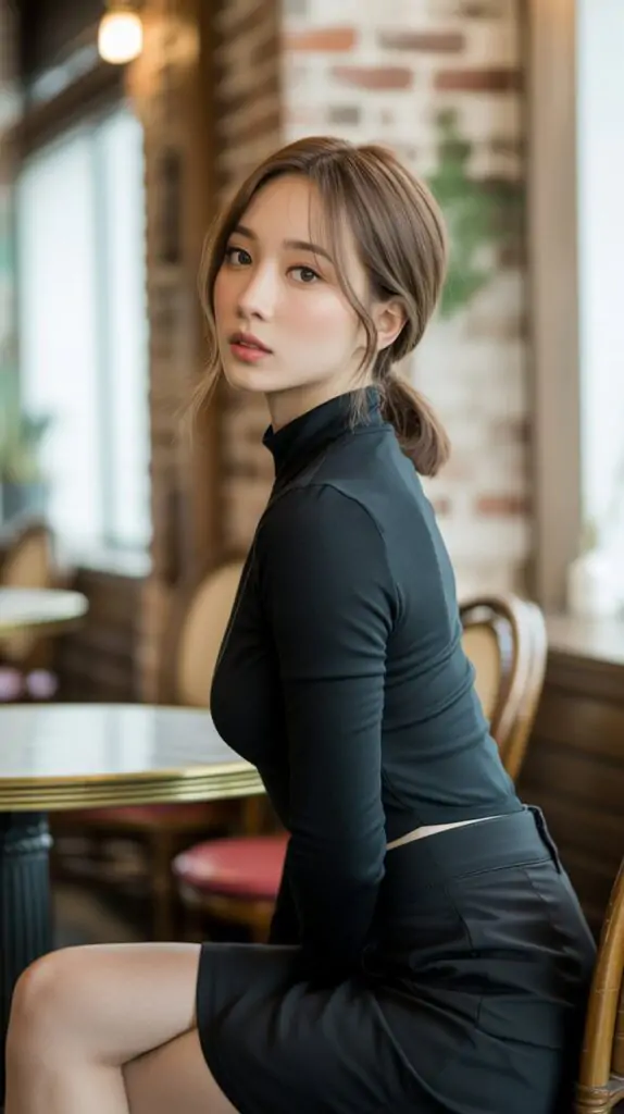 Effortlessly elegant, she wears a classic black look that speaks volumes without saying a word. The sleek silhouette of her turtleneck sweater and mini skirt creates a sophisticated style that’s both chic and confident.