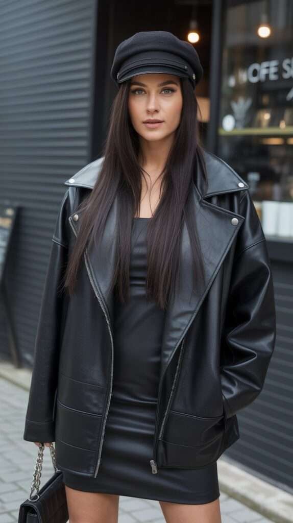 Embrace the power of monochrome with daring layers of head-to-toe black leather.
This look commands the streets with an edgy attitude, mixing classic rebellion with modern confidence.