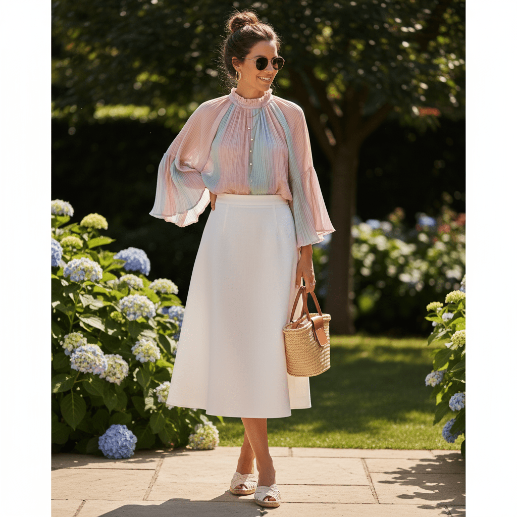 A woman models a stylish outfit featuring a pastel-colored, pleated high-neck blouse and a white A-line midi skirt while standing on a stone path in a garden.