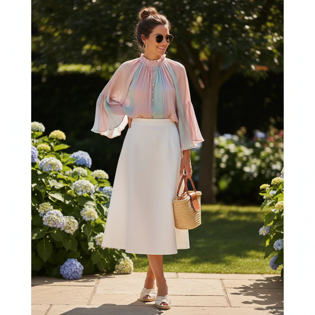 A woman models a stylish outfit featuring a pastel-colored, pleated high-neck blouse and a white A-line midi skirt while standing on a stone path in a garden.