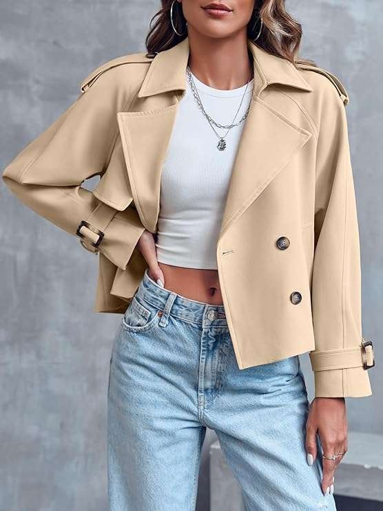 Saodimallsu Women Crop Double Breasted Trench Coat