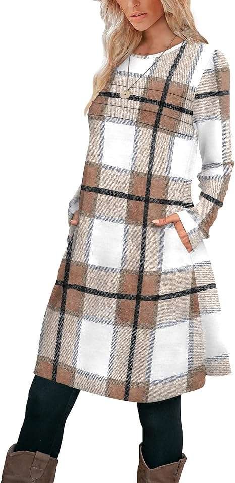 OFEEFAN Womens Long Sleeve Tunic Dress Fall Fashion Sweater Dress with Pockets Pleated Front Casual Winter
