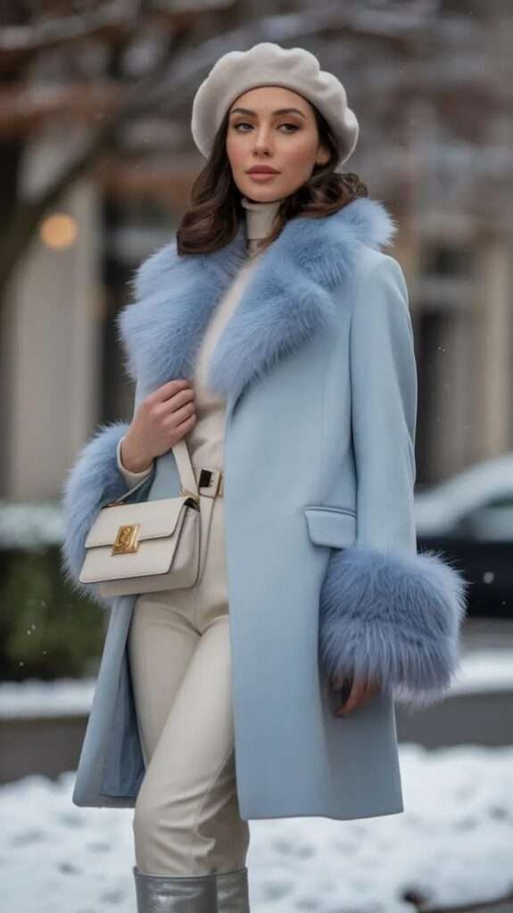 The look achieves immediate sophistication through its pastel color blocking, featuring a chic pale blue wool coat dramatically trimmed with voluminous matching faux fur at the collar and cuffs. This statement piece is layered over a soft, neutral base of a cream turtleneck and tailored trousers, completed with a stylish pale beret and a structured white handbag, perfectly blending elegance with winter opulence.