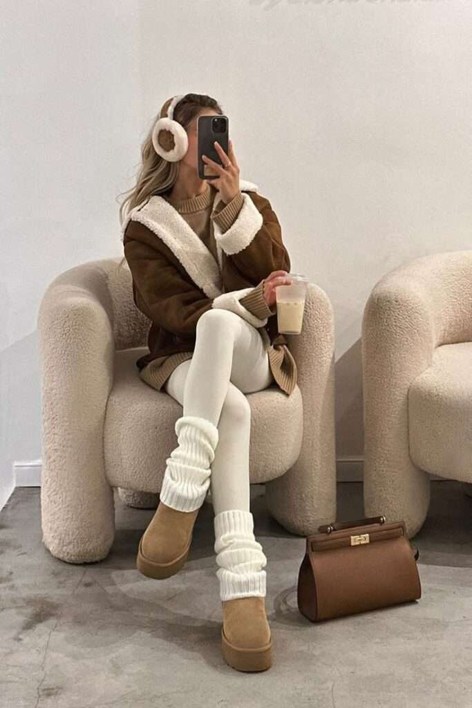The look masters tonal layering with a focus on tactile comfort, featuring a cozy brown shearling-lined aviator jacket over a simple beige knit sweater. The lower half is defined by form-fitting off-white leggings accented with voluminous ribbed knit leg warmers, which flow down to trendy platform Ugg-style boots, creating an appealingly relaxed yet chic cold-weather uniform accessorized with a structured leather bag and plush earmuffs.