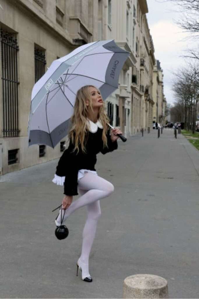 This look gives a playful twist to classic silhouettes, featuring a black micro-mini dress or sweater with a sharp white Peter Pan collar and a voluminous white ruffled underlayer, emphasizing the hemline. The ensemble is defined by the striking contrast of opaque white tights paired with chic white cap-toe slingback heels, creating a strong visual line, and is accessorized with a branded umbrella and a spherical novelty bag.