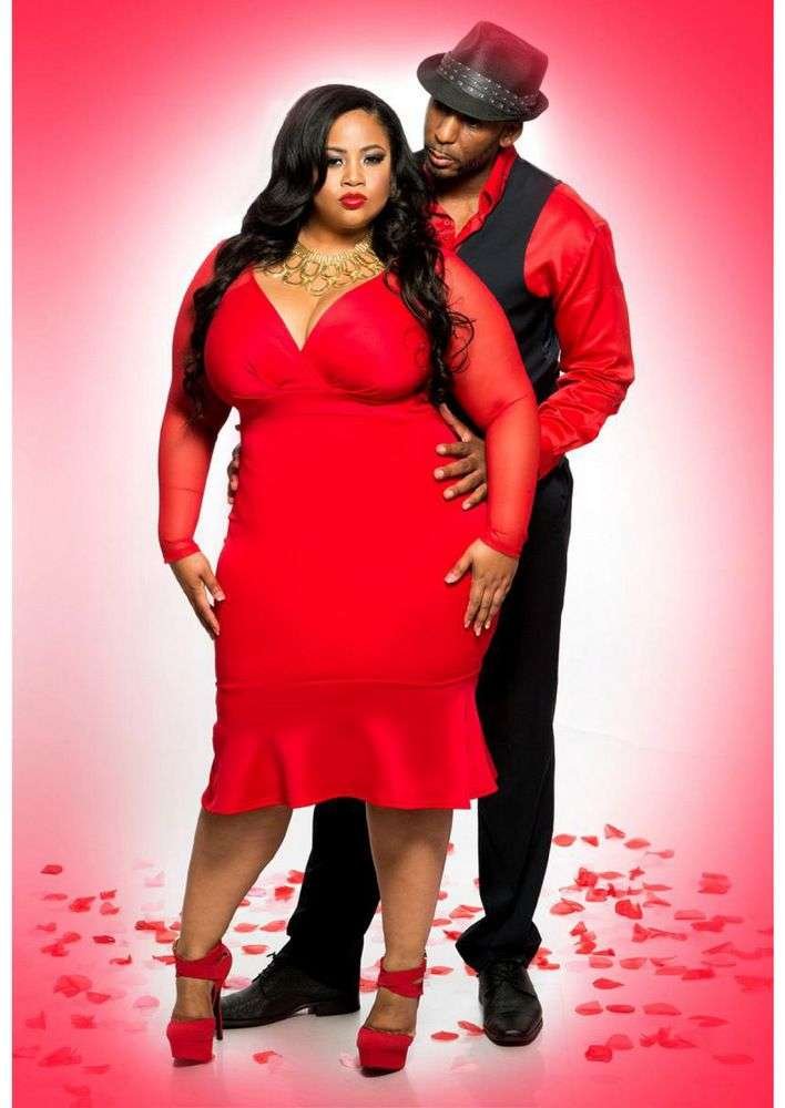 Plus size red satin Valentine’s Day dinner outfit