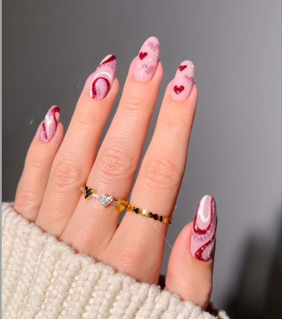 Confetti heart layers Valentine nail ideas