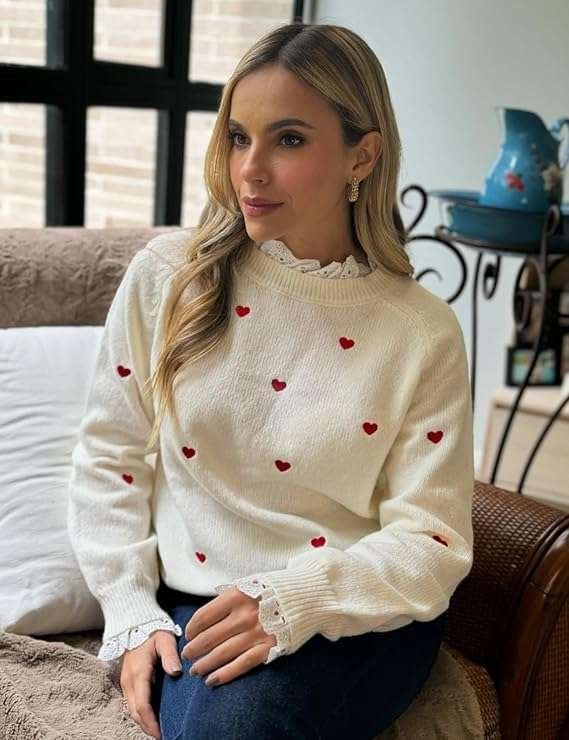 Heart Lace Sweater for Women Cute Fall Pullover Trendy Valentine Sweaters Long Sleeve Casual Knit Jumper Top