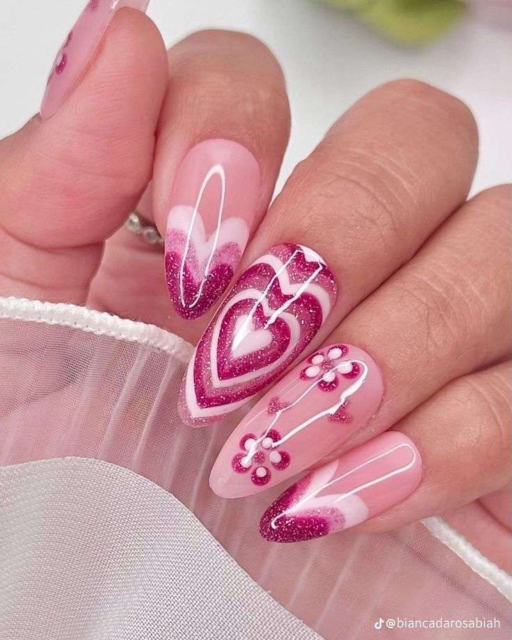 Pink and red glitter mix Valentine nail ideas