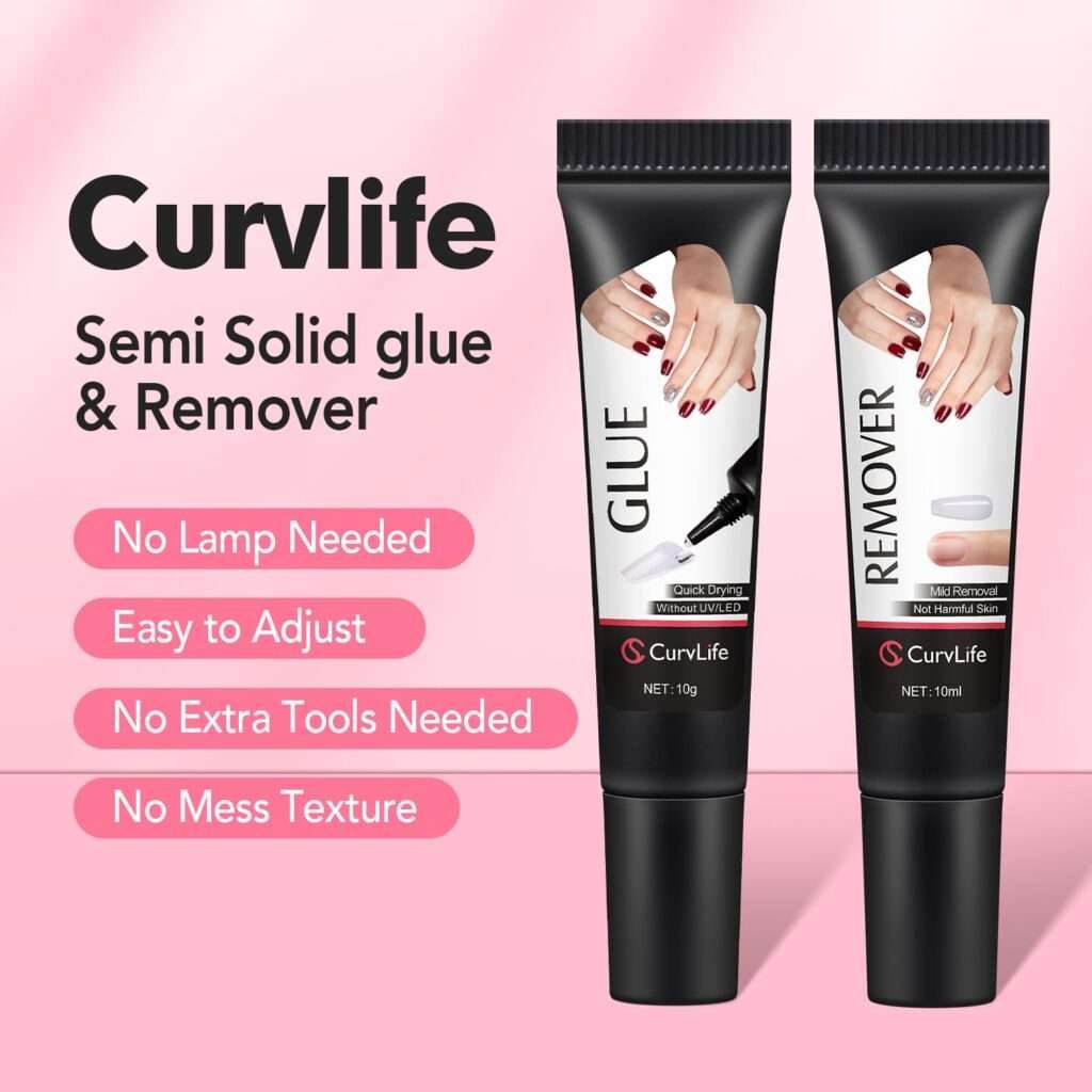 
Curvlife Newly Upgraded Quick Drying 10g Semi Solid Nail Glue with 10ml Remover for Press On Nails Tips
