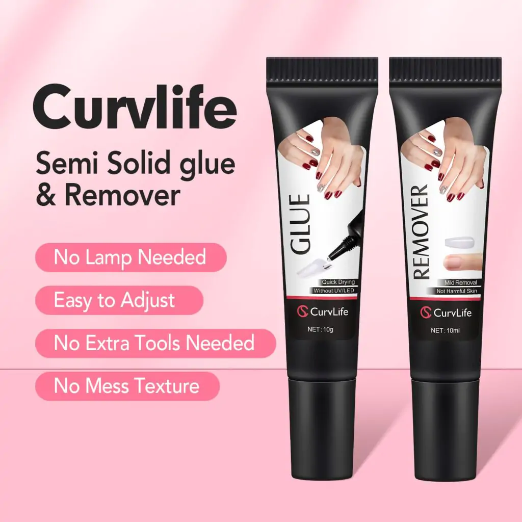 Curvlife Newly Upgraded Quick Drying 10g Semi Solid Nail Glue with 10ml Remover for Press On Nails Tips