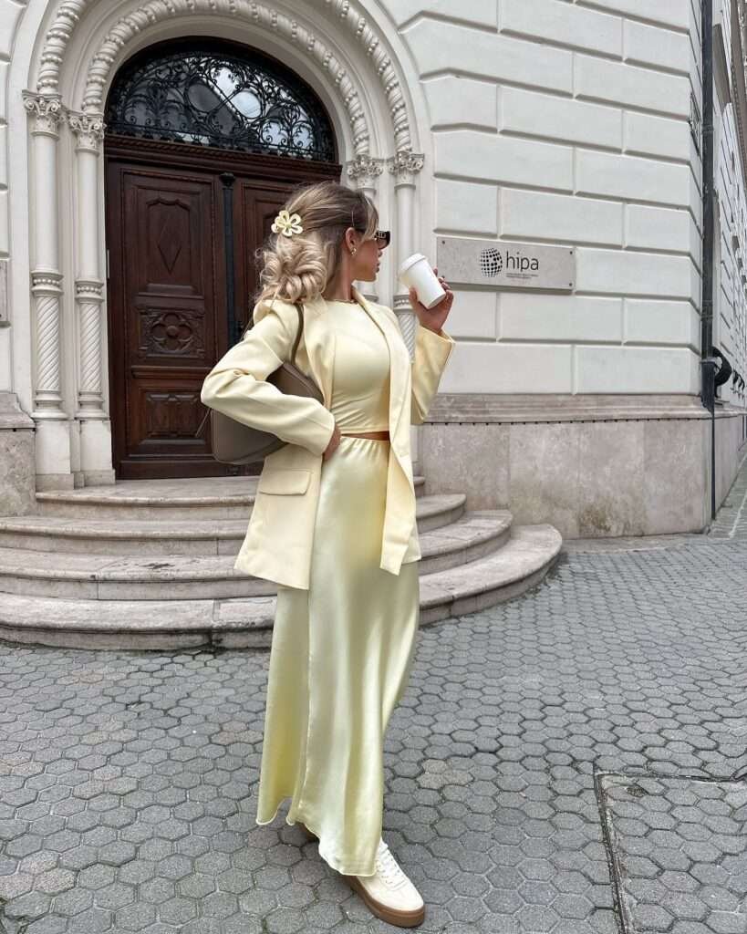 Elegant woman with long wavy blonde hair secured by a delicate cream flower hair clip, dressed in a soft pastel yellow oversized blazer and matching asymmetrical midi skirt with a high-low hem, cream low-top sneakers with gum soles, small brown leather shoulder bag, and sunglasses perched on her head, casually sitting on stone steps outside a grand building with carved wooden door and spiral columns, holding a takeaway coffee cup, embodying a sophisticated yet relaxed spring aesthetic for 2026.