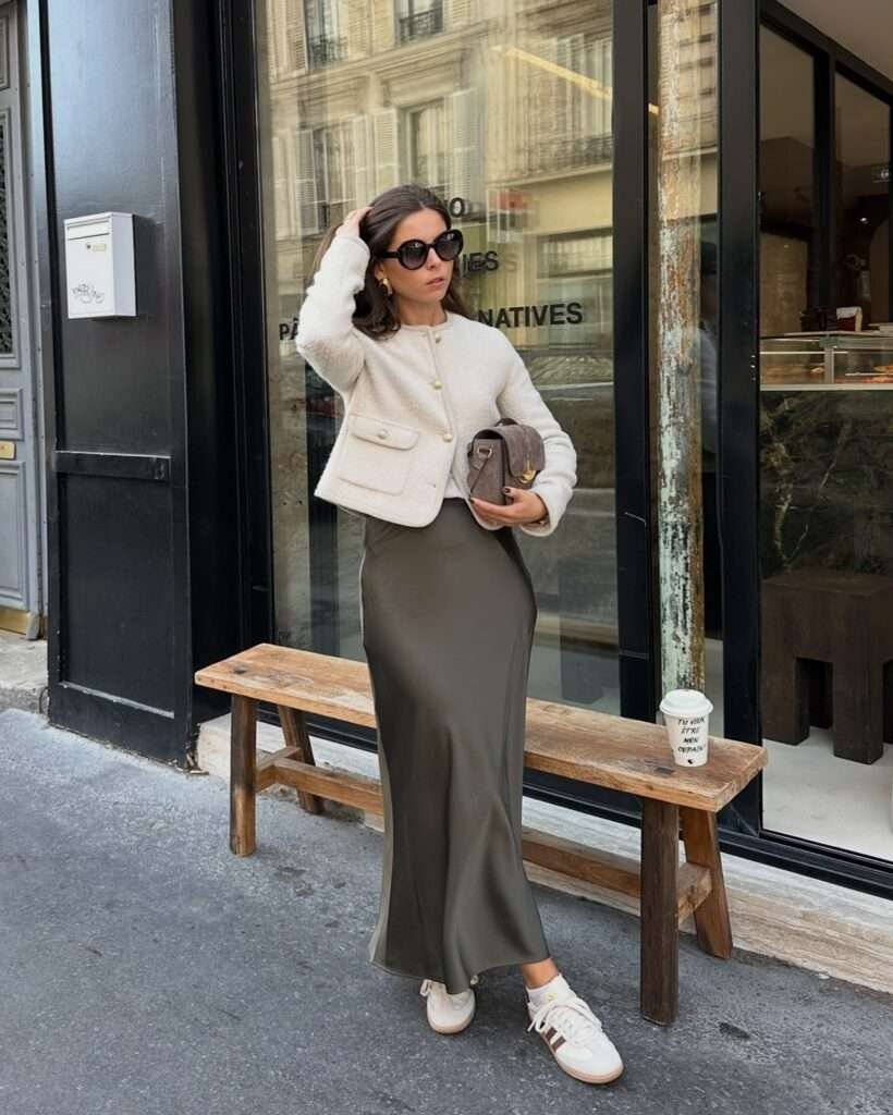 Chic woman with shoulder-length dark hair and oversized black sunglasses posing outside a Parisian café, wearing a cropped cream tweed jacket with pearl buttons and flap pockets, high-waisted olive green satin midi skirt, white low-top sneakers, gold hoop earrings, and holding a small structured gray handbag, with a takeaway coffee cup on the wooden bench beside her, creating an effortlessly sophisticated casual spring fashion vibe for 2026.