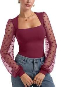 Valentines Day Outfit Women with Heart Mesh Sleeves - Sheer puff sleeves decorated with delicate heart patterns add a romantic and playful Valentine’s Day vibe while keeping your style sweet and charming.