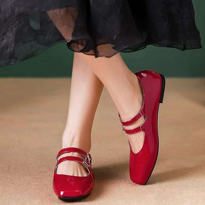 Women's Mary Jane Flats Retro Square Toe Soft Ballet Flats Comfort Double Line Strap Wedding Dressy Flats 2