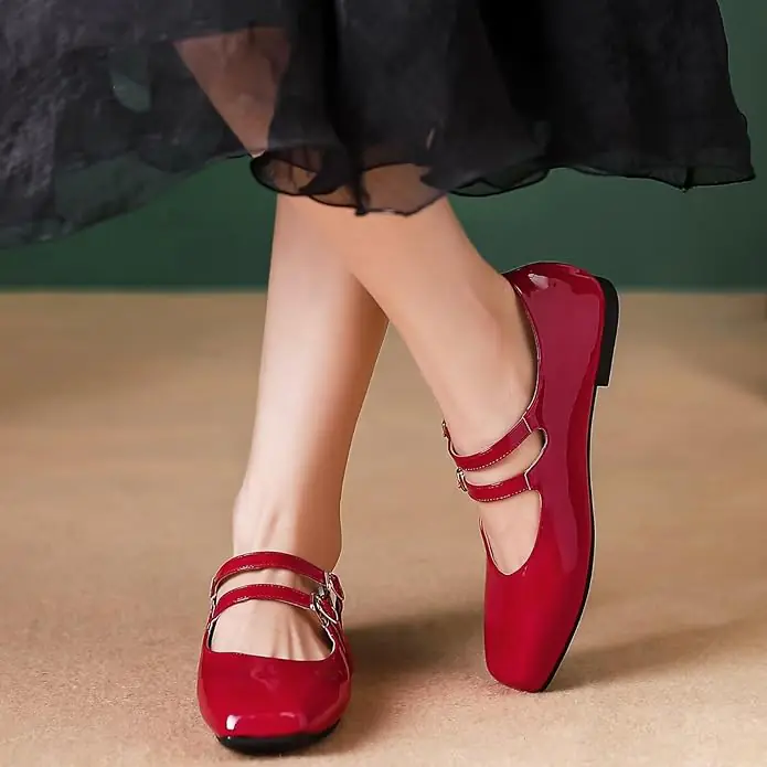 Women's Mary Jane Flats Retro Square Toe Soft Ballet Flats Comfort Double Line Strap Wedding Dressy Flats 2